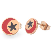 Lovely Stainless Steel Rose Gold Plated Moon and Star Enamel Disc Women Stud Earring